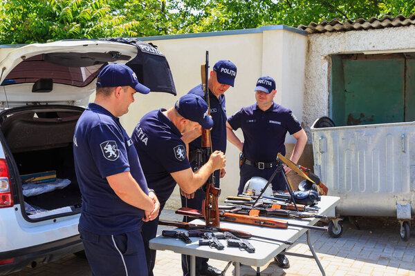 May 25, 2022 Balti Moldova. Illustrative editorial background. Demonstration of weapons to the police at a security training.