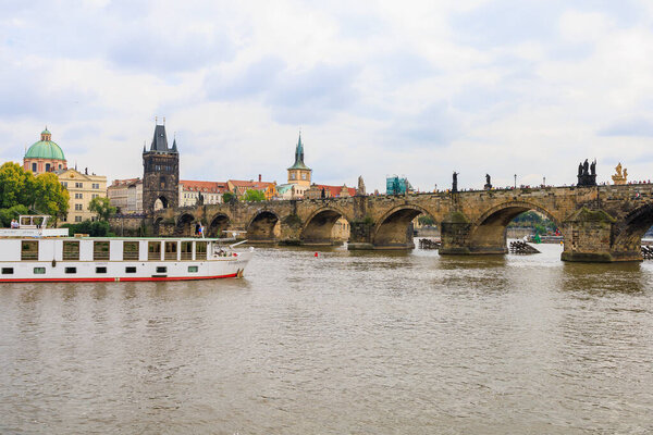 August 25, 2022 Prague, Czech Republic. Pleasure boat on the Vltava river. Background with selective focus and copy space for text