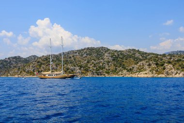 August 10, 2022 Demre, Antalya province, Turkey. Yachts off the Mediterranean coast. Background with copy space for text