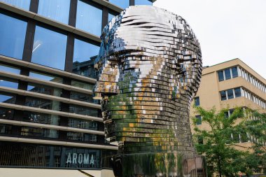 August 25, 2022 Prague, Czech Republic. Rotating Head, head sculpture of the German-speaking writer Franz Kafka. Background with copy space for text.