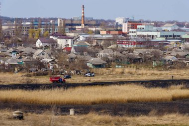 March 29, 2022 Balti Moldova. Editorial background for news. Burnt reeds after a fire near the village