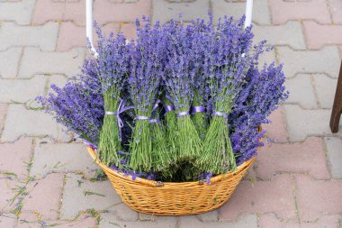 Sepette satılık lavanta buketleri. Arkaplan