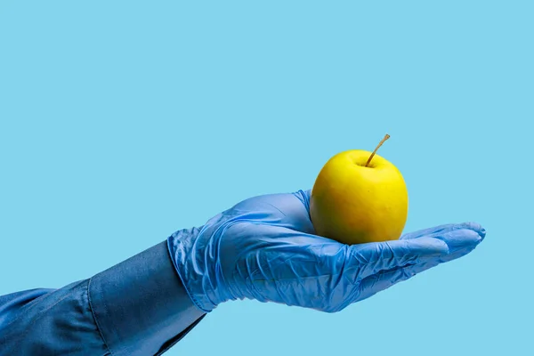 Stock image An apple in the doctor's hand. Background with selective focus. Isolated blue medical backdrop