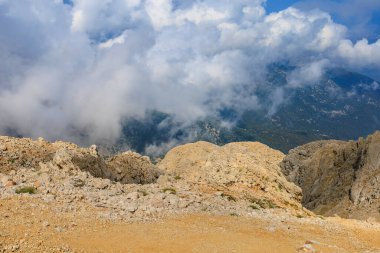 Very beautiful view from the top of Mount Tahtali or Olympos of the Kemer district of Antalya province in Turkey. A popular tourist spot for sightseeing and skydiving. Background or landscape