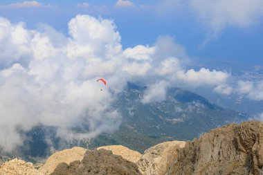 Very beautiful view from the top of Mount Tahtali or Olympos of the Kemer district of Antalya province in Turkey. A popular tourist spot for sightseeing and skydiving. Background or landscape