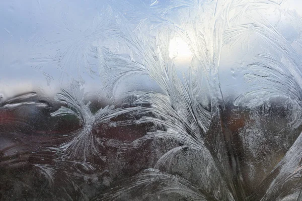 窗玻璃表面的霜冻图案 具有选择性焦点和复制空间的背景 — 图库照片
