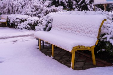 Kardaki bankta. Seçici odaklı kış arkaplanı