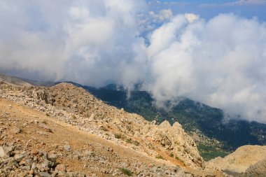 Very beautiful view from the top of Mount Tahtali or Olympos of the Kemer district of Antalya province in Turkey. A popular tourist spot for sightseeing and skydiving. Background or landscape