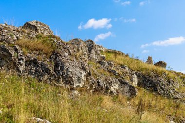 Doğu Avrupa 'nın vahşi kayalık ve dağlık doğası. Metin için kopya alanı olan peyzaj arkaplanı. Seçici odaklanma, uyumlu. Coban ya da Cobani köyü, Moldova 'ya hoş geldiniz..