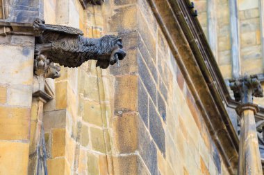 Prag Kalesi 'ndeki Gotik Katolik Katedrali' nin, Wenceslas 'ın ve Vojtech' in dış görünüşünün ayrıntıları. Seçici odak ve kopyalama alanı olan arkaplan