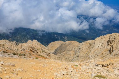 Very beautiful view from the top of Mount Tahtali or Olympos of the Kemer district of Antalya province in Turkey. A popular tourist spot for sightseeing and skydiving. Background or landscape