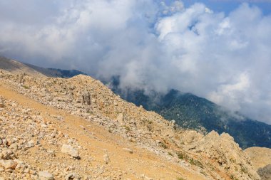 Very beautiful view from the top of Mount Tahtali or Olympos of the Kemer district of Antalya province in Turkey. A popular tourist spot for sightseeing and skydiving. Background or landscape