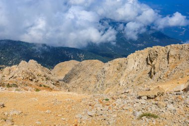 Very beautiful view from the top of Mount Tahtali or Olympos of the Kemer district of Antalya province in Turkey. A popular tourist spot for sightseeing and skydiving. Background or landscape