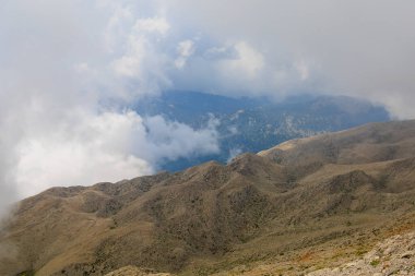 Very beautiful view from the top of Mount Tahtali or Olympos of the Kemer district of Antalya province in Turkey. A popular tourist spot for sightseeing and skydiving. Background or landscape