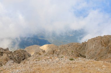 Very beautiful view from the top of Mount Tahtali or Olympos of the Kemer district of Antalya province in Turkey. A popular tourist spot for sightseeing and skydiving. Background or landscape