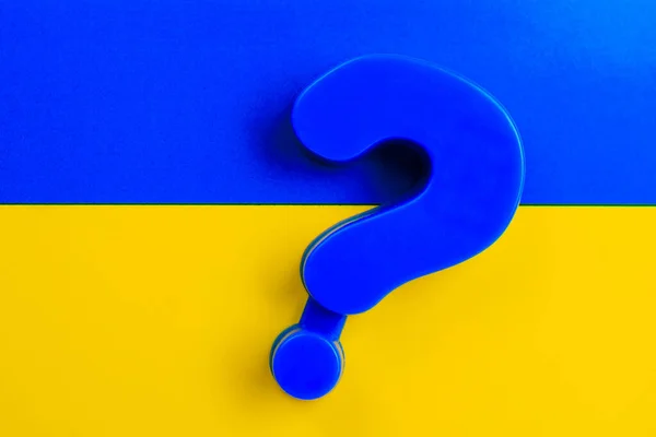 Question mark on the flag of Ukraine. The concept of uncertainty and the question of when the war will end. Background with copy space
