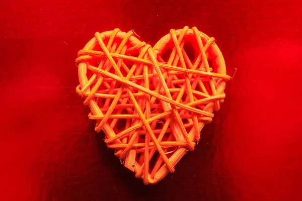 Wooden Wicker Heart Rattan Work Shape Heart Love Concept Background — Stock Photo, Image