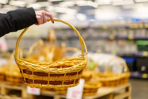 Decorative basket for food in a wholesale and retail store. Background with selective focus and copy space for text