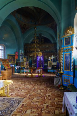 February 14, 2022 Cuhurestii Moldova. Editorial background for news. Interior of the old church.