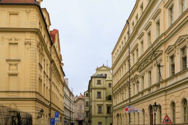 August 23, 2022 Prague, Czech Republic. Houses of old classical European architecture. Background with copy space for text.