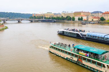August 24, 2022 Prague, Czech Republic. Pleasure boat on the Vltava river. Background with selective focus and copy space for text