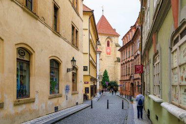 August 24, 2022 Prague, Czech Republic. Narrow cozy streets with classical architecture. Background with selective focus and copy space for text