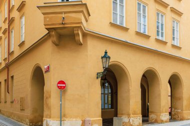 August 25, 2022 Prague, Czech Republic. Houses of old classical European architecture. Background with copy space for text.