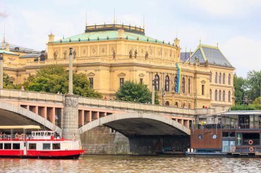 August 25, 2022 Prague, Czech Republic. Pleasure boat on the Vltava river. Background with selective focus and copy space for text