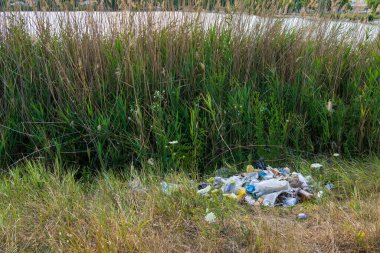 20 Temmuz 2022 Beltsy, Moldova. İllüstrasyon başyazısı. Göletin kenarındaki çöpler.