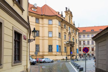 August 24, 2022 Prague, Czech Republic. Narrow cozy streets with classical architecture. Background with selective focus and copy space for text