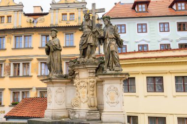 August 24, 2022 Prague, Czech Republic. Antique sculptures on the Charles Bridge. Background with copy space