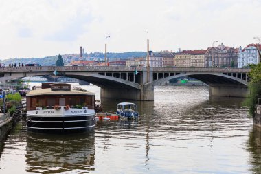 August 27, 2022 Prague, Czech Republic. Pleasure boat on the Vltava river. Background with selective focus and copy space for text
