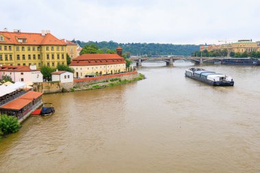 August 24, 2022 Prague, Czech Republic. Pleasure boat on the Vltava river. Background with selective focus and copy space for text