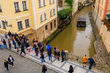 August 24, 2022 Prague, Czech Republic. Pleasure boat on the Vltava river. Background with selective focus and copy space for text