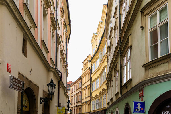 August 24, 2022 Prague, Czech Republic. Houses of old classical European architecture. Background with copy space for text.