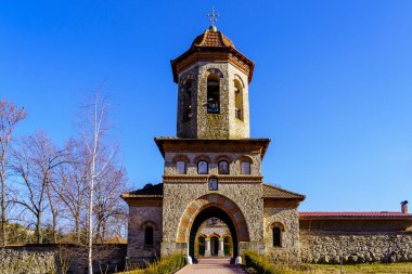 February 14, 2022 Cuhurestii Moldova. Editorial background for news. Ancient stone church of the architect Shchusev