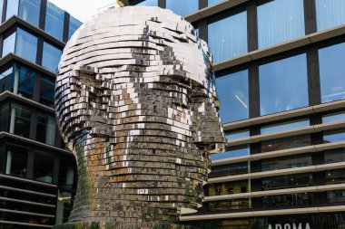 August 25, 2022 Prague, Czech Republic. Rotating Head, head sculpture of the German-speaking writer Franz Kafka. Background with copy space for text.