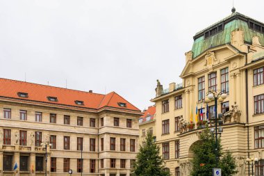 August 24, 2022 Prague, Czech Republic. Houses of old classical European architecture. Background with copy space for text.