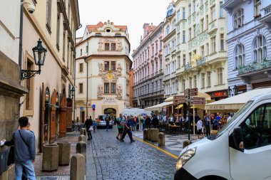 August 24, 2022 Prague, Czech Republic. Narrow cozy streets with classical architecture. Background with selective focus and copy space for text