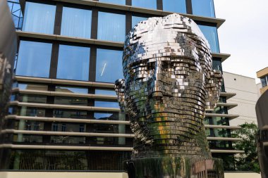 August 25, 2022 Prague, Czech Republic. Rotating Head, head sculpture of the German-speaking writer Franz Kafka. Background with copy space for text.