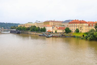 August 24, 2022 Prague, Czech Republic. Houses of old classical European architecture. Background with copy space for text.
