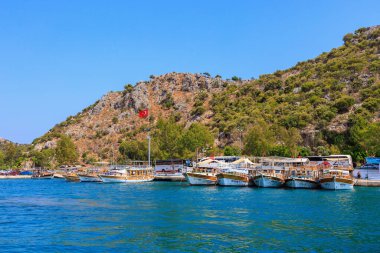 August 10, 2022 Demre, Antalya province, Turkey. Yachts off the Mediterranean coast. Background with copy space for text