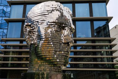 August 25, 2022 Prague, Czech Republic. Rotating Head, head sculpture of the German-speaking writer Franz Kafka. Background with copy space for text.