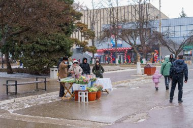 8 Mart 2022 Beltsy, Moldova. Uluslararası Kadınlar Günü 'nde şehir fuarında sokak çiçeği ticareti. İllüstrasyon Editörü.