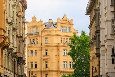 August 25, 2022 Prague, Czech Republic. Houses of old classical European architecture. Background with copy space for text.