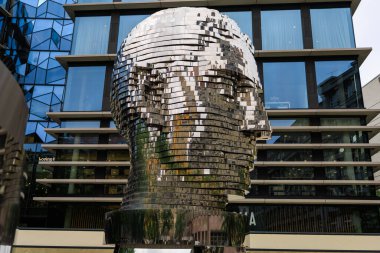 August 25, 2022 Prague, Czech Republic. Rotating Head, head sculpture of the German-speaking writer Franz Kafka. Background with copy space for text.