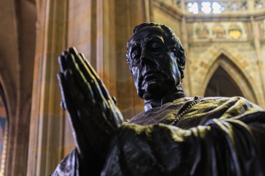 August 22, 2022 Prague, Czech Republic. Interior inside Gothic Catholic Cathedral of St. Vitus, Wenceslas and Vojtech in Prague Castle. Background with copy space for text.