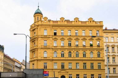 August 28, 2022 Prague, Czech Republic. Houses of old classical European architecture. Background with copy space for text.