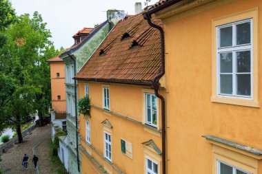 August 24, 2022 Prague, Czech Republic. Houses of old classical European architecture. Background with copy space for text.