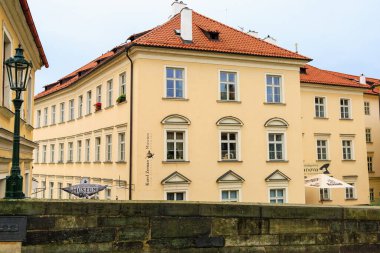 August 24, 2022 Prague, Czech Republic. Houses of old classical European architecture. Background with copy space for text.